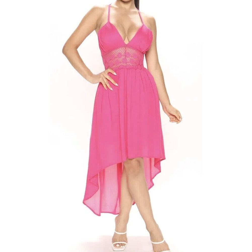 Hot pink lily crochet Dress Women S high low long beach boho Halter Cut out Sexy
